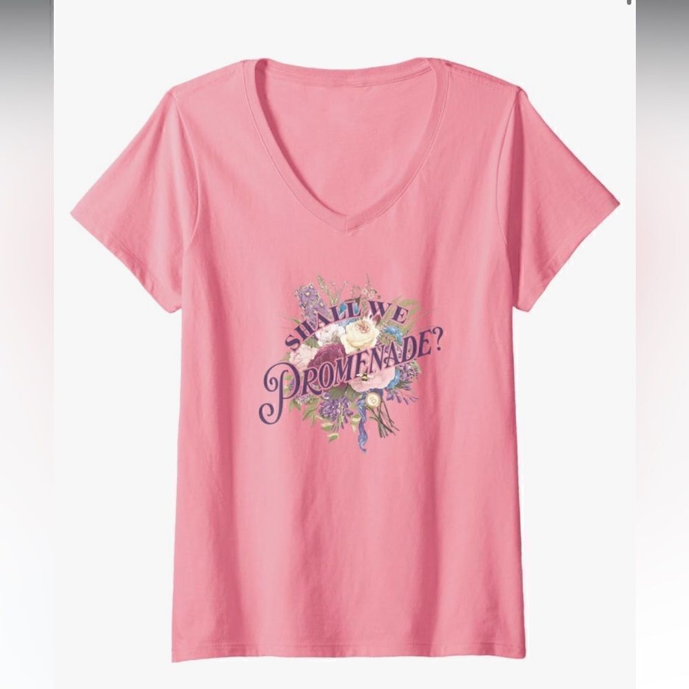 Bridgerton Shall We Promenade V-Neck T-Shirt in Pink size L